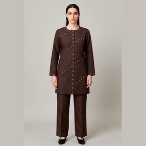 Carole Little Brown Linen Jacket 8 Silver Grommet Embellished Longline